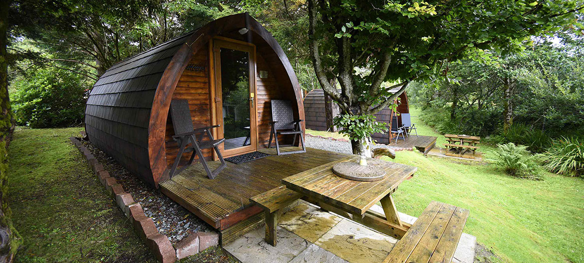Dunvegan Camping Pods self catering Pods have outside seating areas and decking