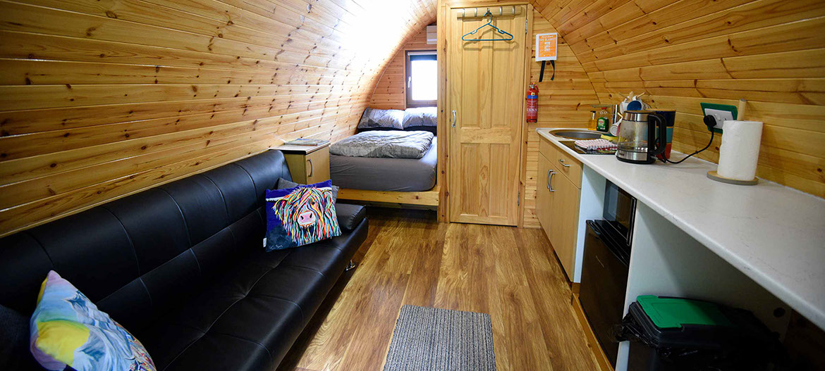 Dunvegan Camping Pods contain excellent facilities such as double bed WIFI voach hob fridge and microwave