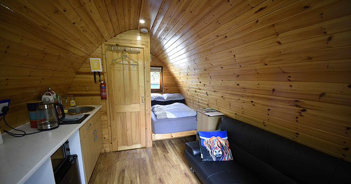 Dunvegan Camping Pods contain comfortable double bed great couch and en suite shower room