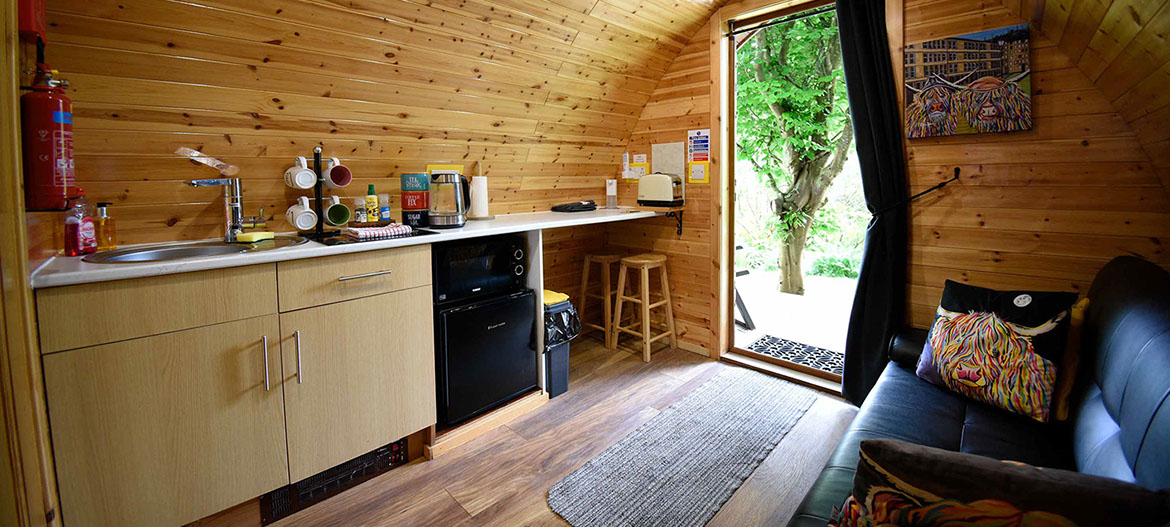Dunvegan Camping Pods self catering Pods contain excellent facilities including job microwave and fridge