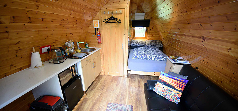 Dunvegan Camping Pods self catering Pods located in Dunvegan with comfortable double bed microwave and fridge